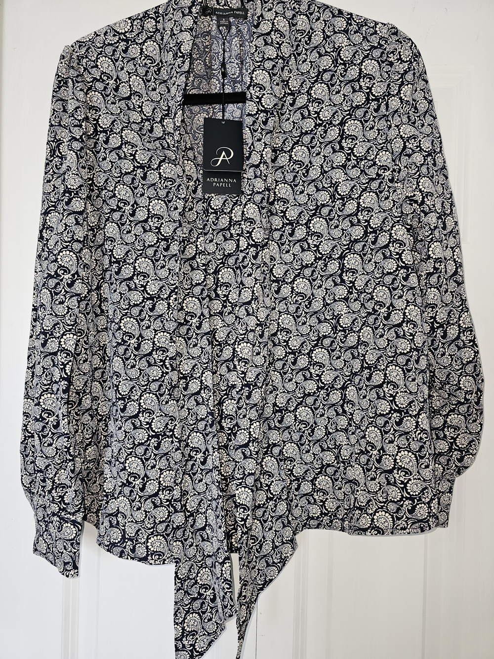 Adrianna Papell navy blue and white paisley print blouse
